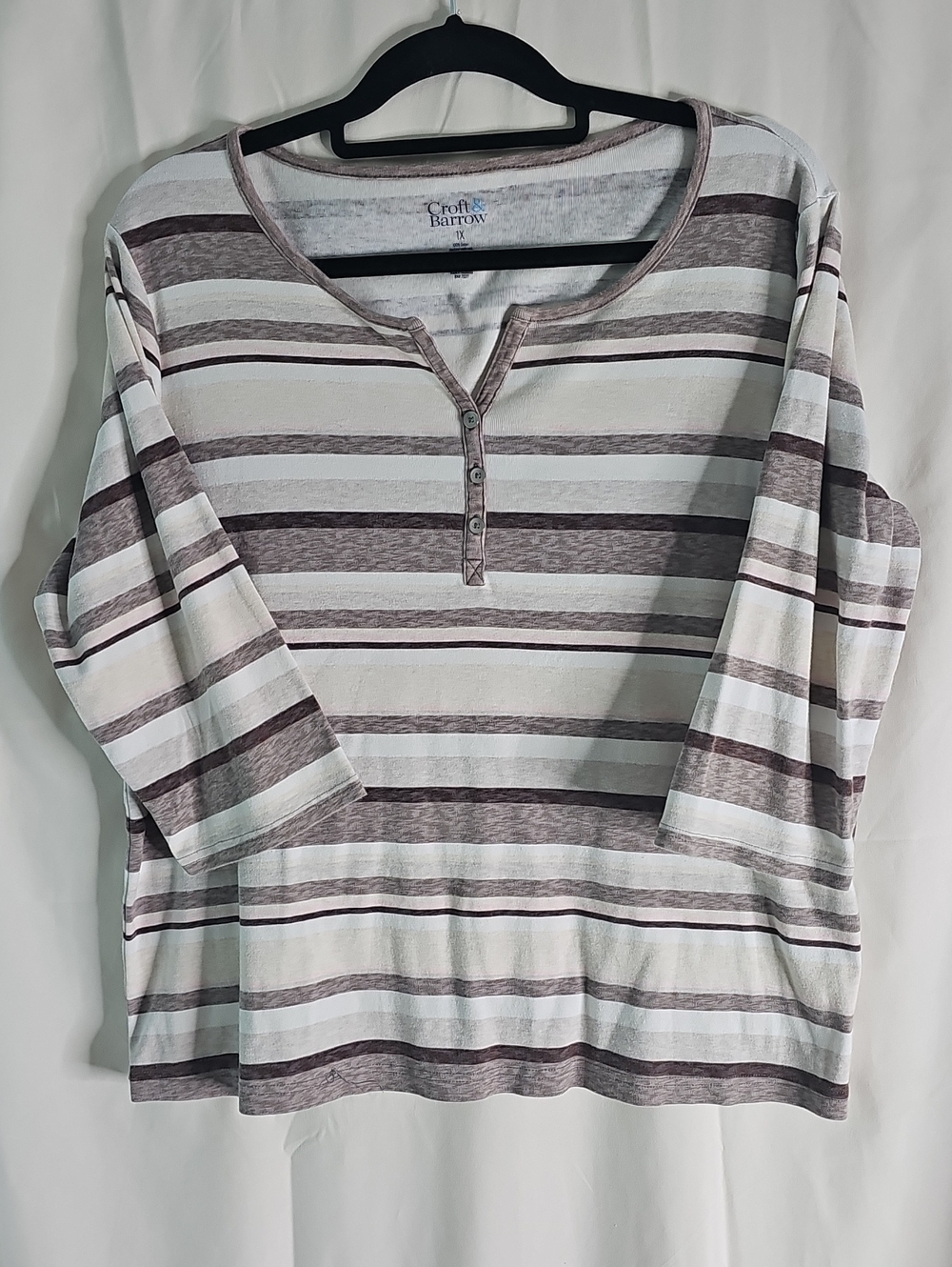 croft & barrow Cream and Brown Striped Henley 3/4 Sleeve Top